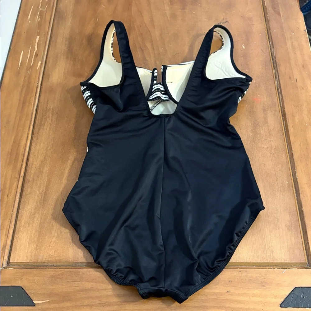 Miraclesuit One Piece Swimsuit in Black White and Gold Stripes Size 16